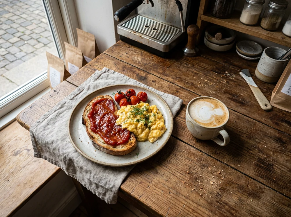 Slaná snídaně s chlebem a rajčatovou marmeládou a cappuccino